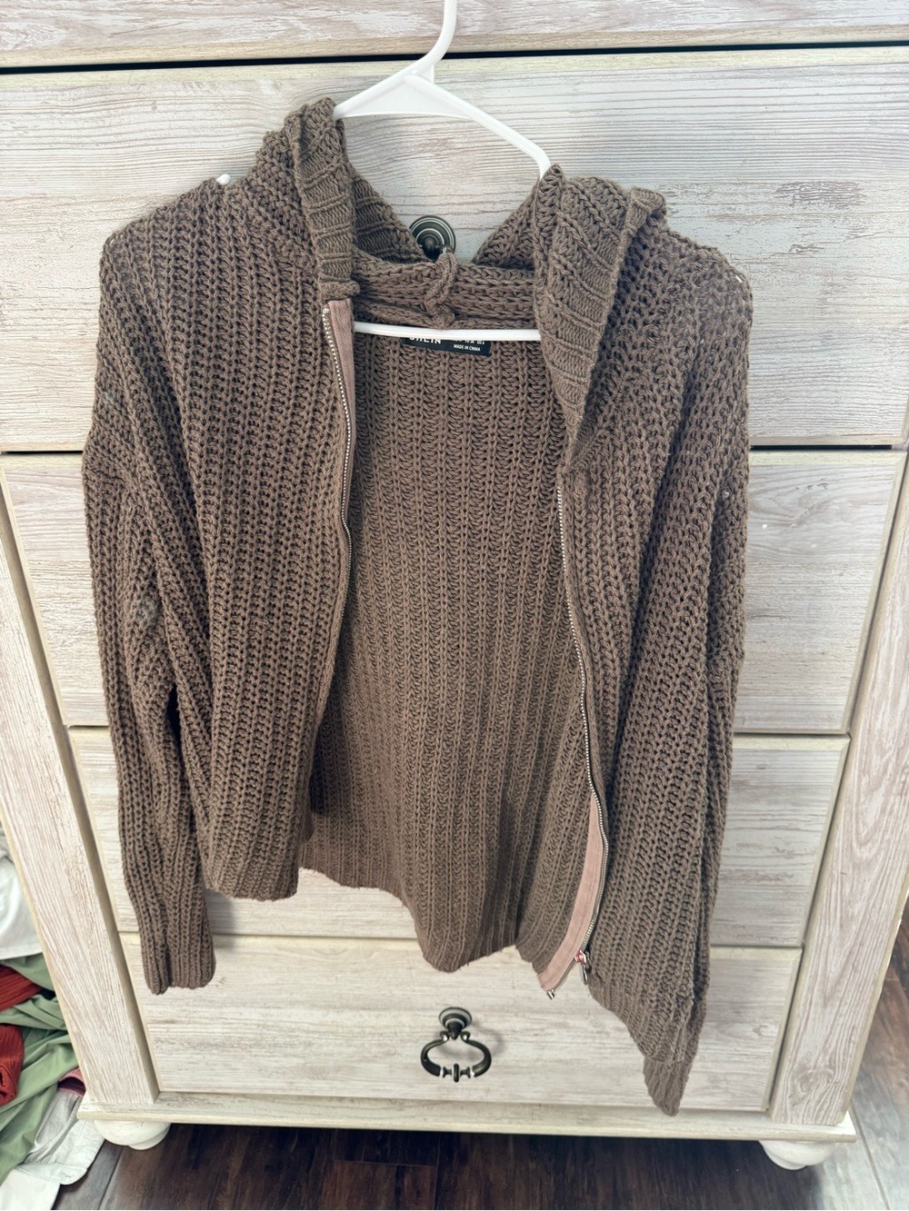 SHEIN Brown Chunky Knit Hooded Zip Cardigan
